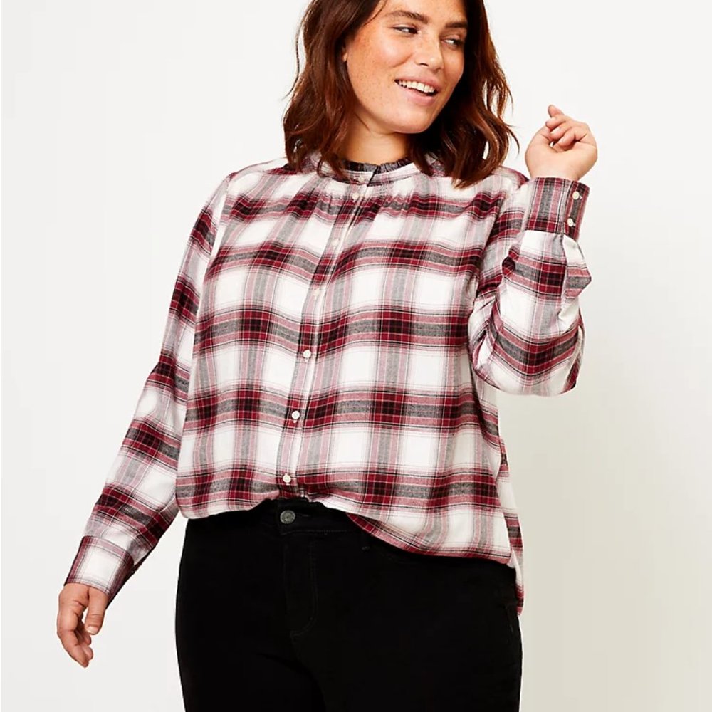 LOFT Red and White Plaid Button-Up Top